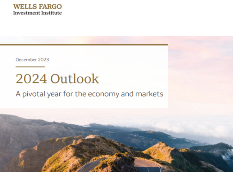 A mountain landscape with the words Wells Fargo Investment Institute's 2024 Outlook: A Pivotal Year for the economy and markets